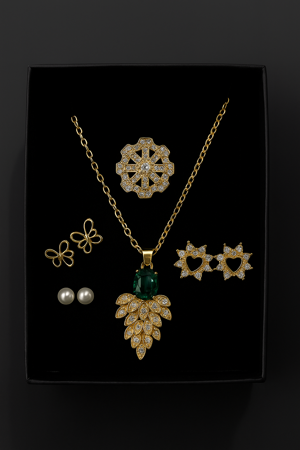 Royal Green Plated Jewelry Set with Green Pendant – Multi-Earring Gift Set