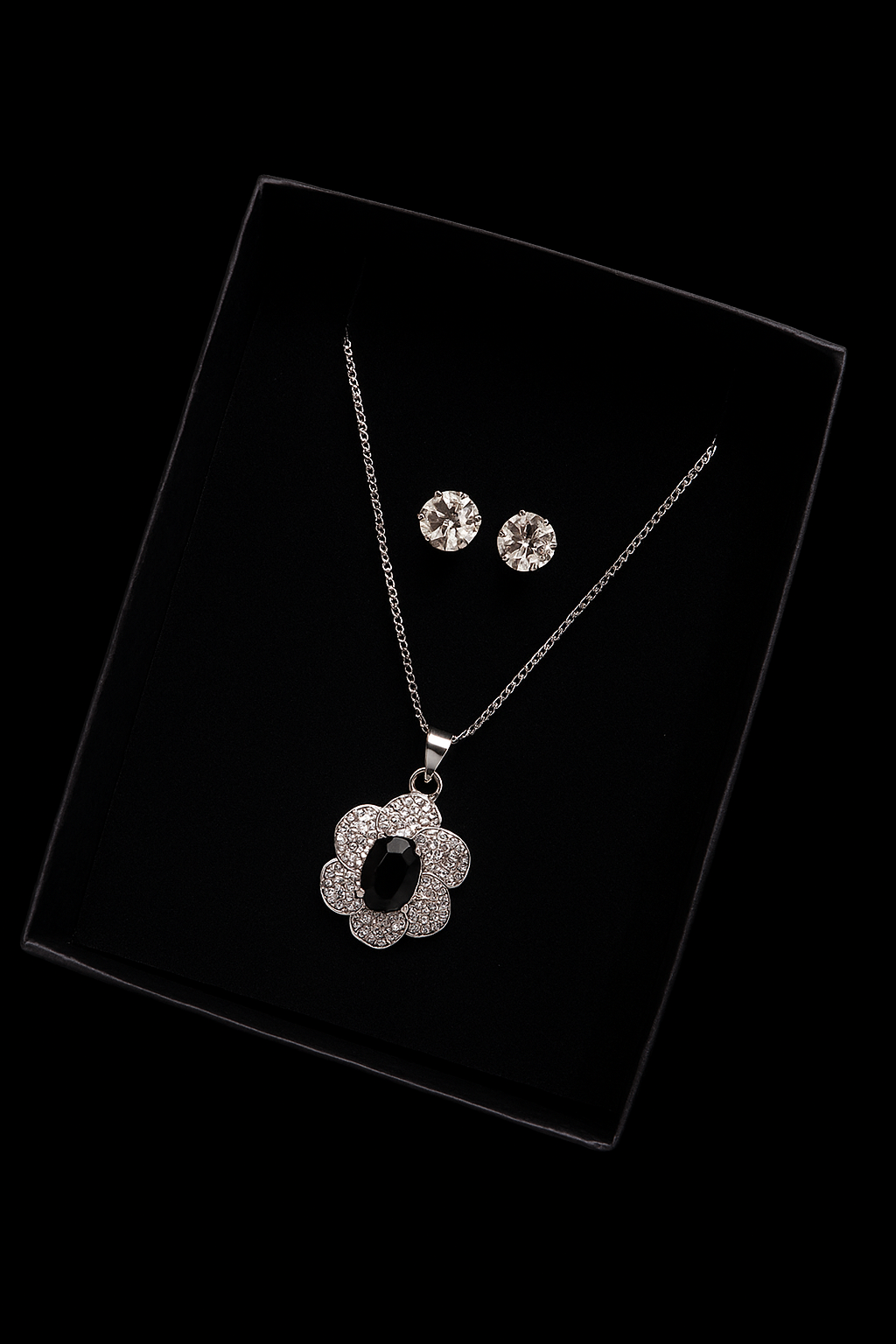 Classic Black Stone Flower Pendant Necklace & Stud Earrings – Silver Finish