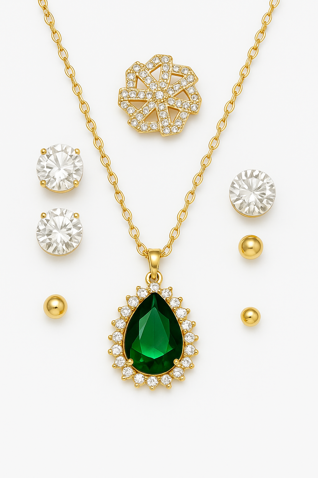 Royal Green Plated Jewelry Set with Green Pendant – Multi-Earring Gift Set