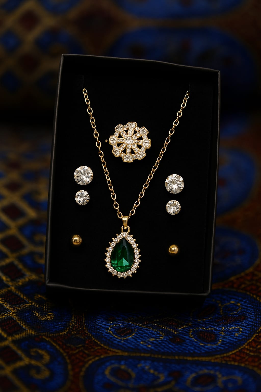 Luxury Emerald Green Jewelry Set – Necklace, Earrings, Brooch & Studs | 30% OFF Today