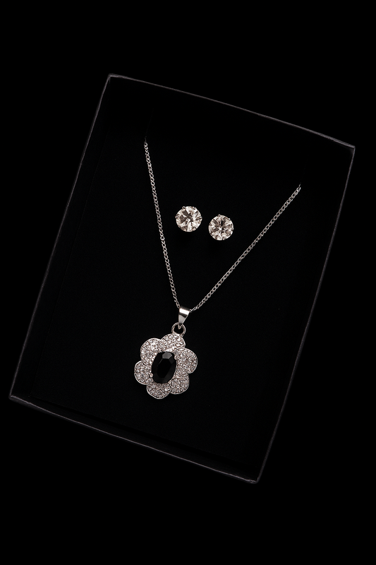 Classic Black Stone Flower Pendant Necklace & Stud Earrings – Silver Finish